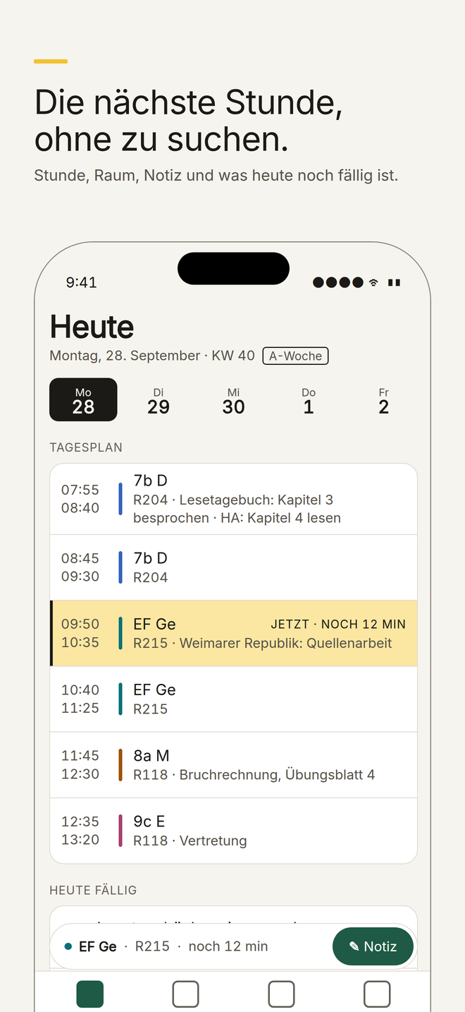 Heute-Ansicht mit laufender Stunde, Raum und Restzeit