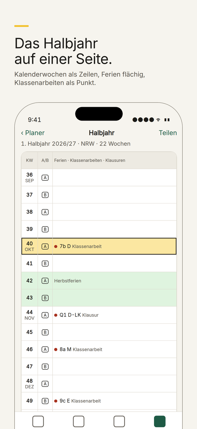 Halbjahresübersicht mit Kalenderwochen, Ferien und Klassenarbeiten