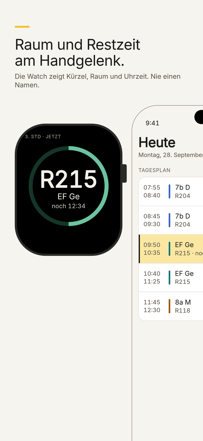 Apple Watch mit Raumnummer, Kurskürzel und Restzeit