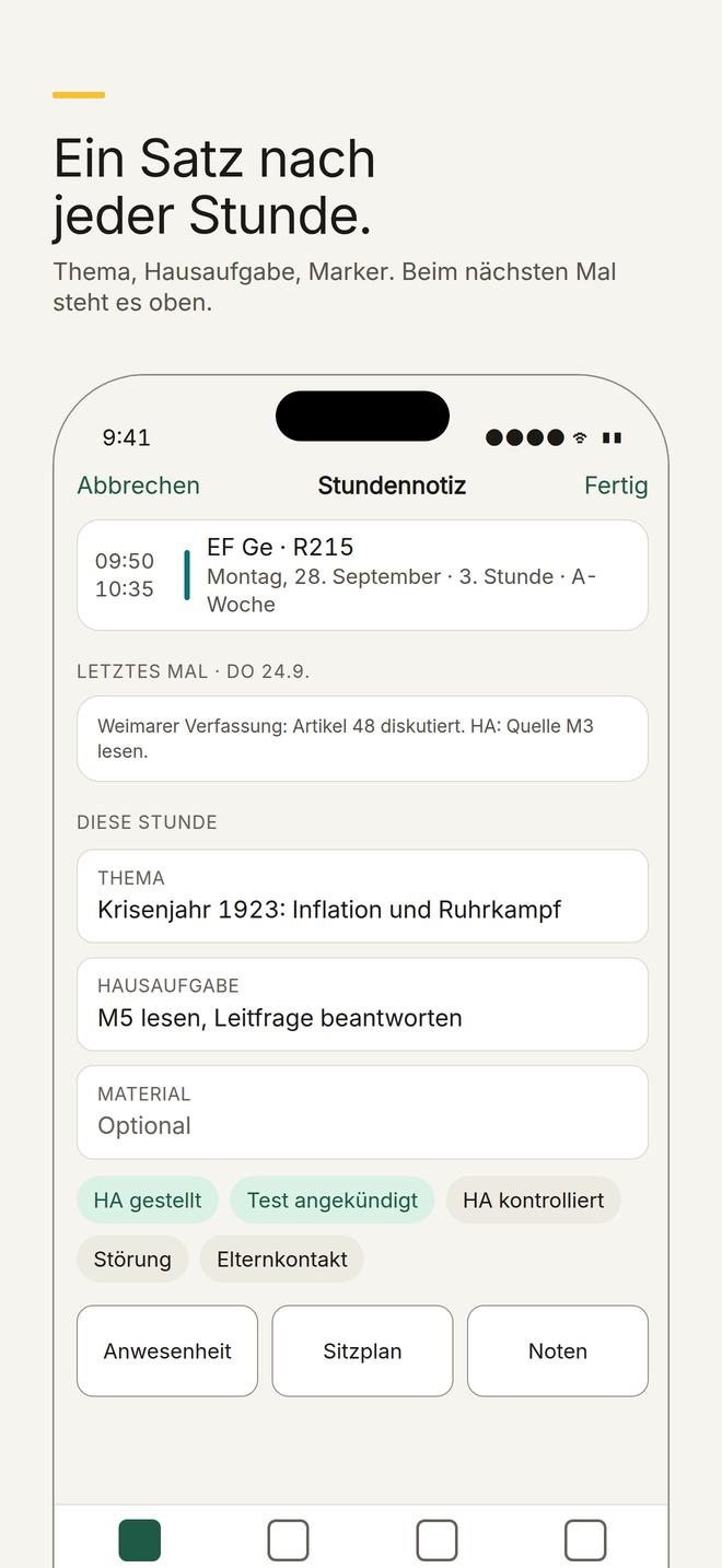 Stundennotiz mit Thema, Hausaufgabe und Markern