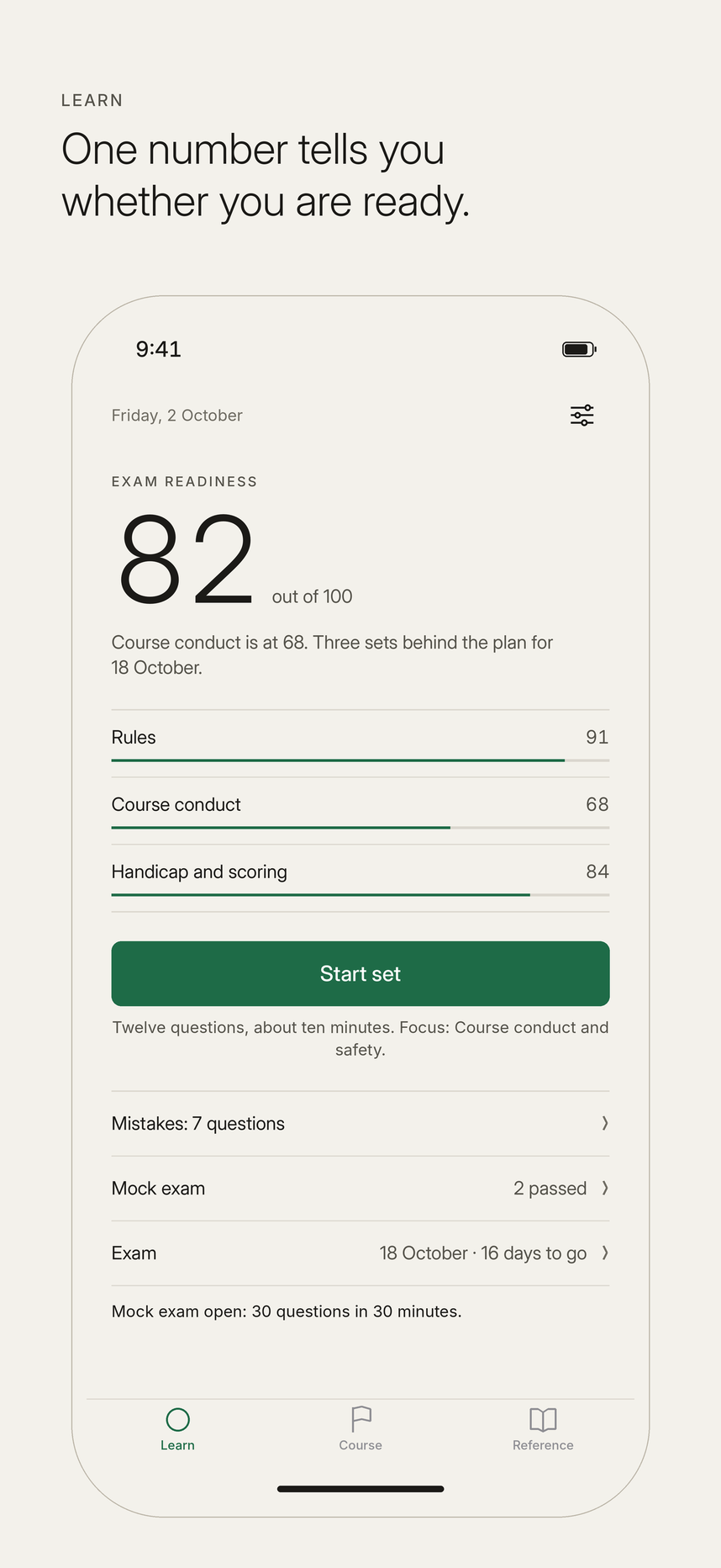 The Learn screen of Platzreife PRO with the readiness score and the next practice set.