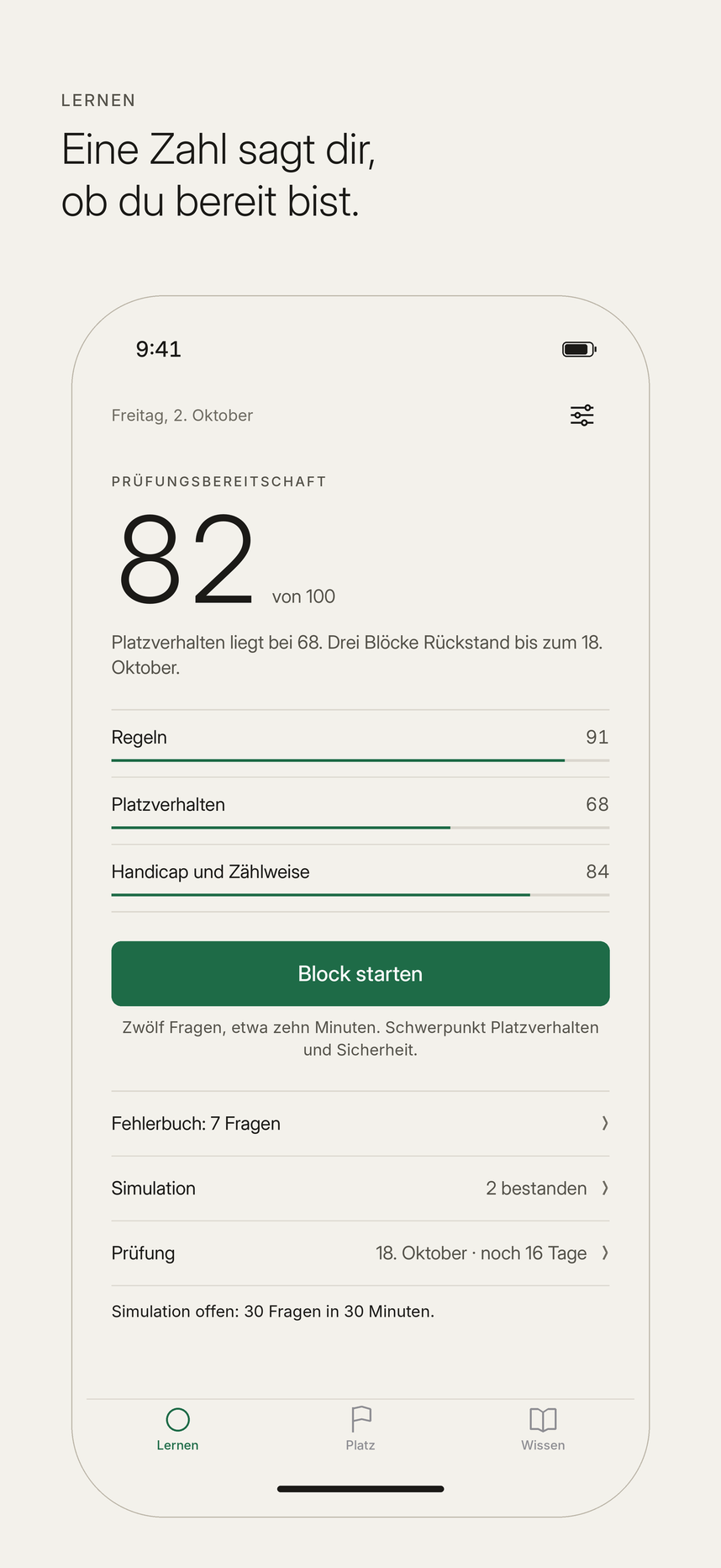 Der Lernbildschirm von Platzreife PRO mit dem Bereitschaftswert und dem nächsten Lernblock.